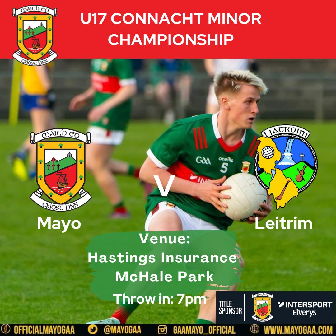 Our U17 footballers take on Leitrim in the Electric Ireland Connacht GAA Rd 4 on Friday 3rd May at 7pm Hastings Insurance MacHale Park. Ticket Info here ⬇️⬇️⬇️ universe.com/events/electri… This game is streamed by Connacht GAA ⬇️⬇️⬇️ page.inplayer.com/connachtgaa/it…