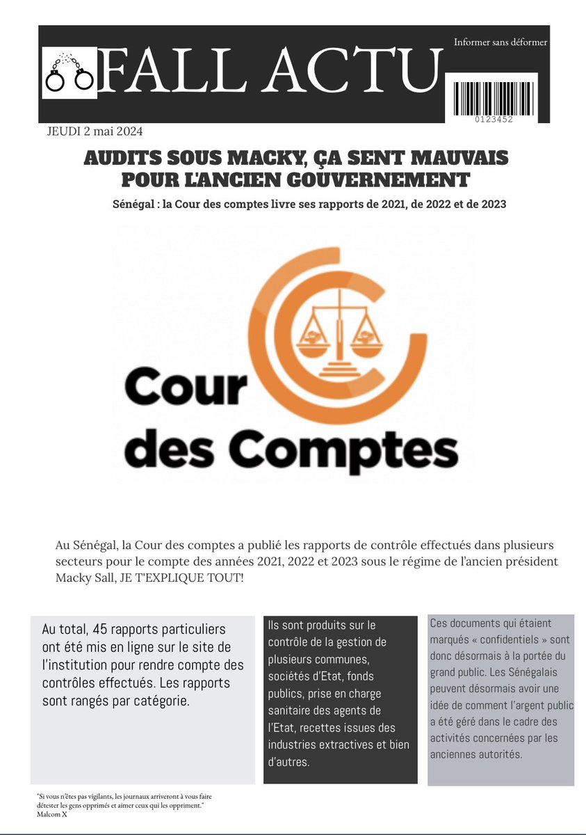 A la Une de Fall Actu ce matin🗞️☕️ 
#Senegal #diomayefaye #Prodac #courdescomptes #sonko #information #1Mai #courdescomptes #rupture #senegal #ousmanesonko #premierministre #fallactu