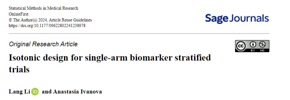 PhD student Lang Li and Dr. Anastasia Ivanova propose the isotonic stratified design for single-arm trials with a preferred subgroup, which reduces the required sample size for comparing two biomarker groups compared to running two Simon’s designs tinyurl.com/li-ivanova