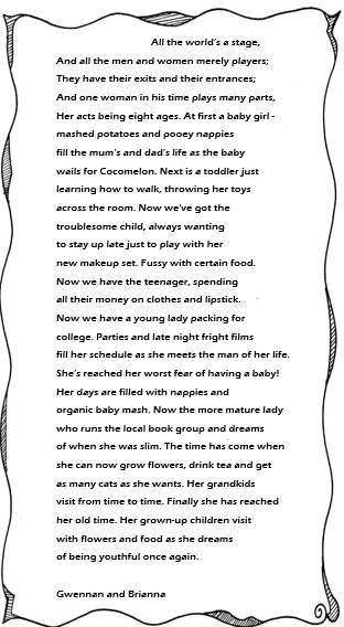 Getting our #ShakespeareDay 'Seven Ages of Man' speeches ready for display. Just had to tweet this corker from Gwennan and Brianna in year 5. Some great observational touches! #coastlandspoets #OpeningDoors @think_talk_org @BobCox_SFE @PieCorbett