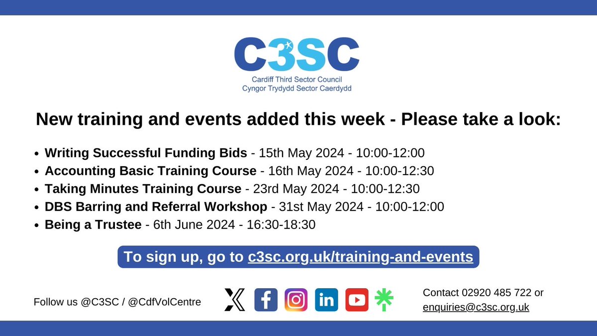 In case you missed it, we recently added more #training and #events in May, free to our members to sign up and attend. This is to ensure third sector organisations across Cardiff have the skills and support needed to run effectively and influentially. Sign up at:…