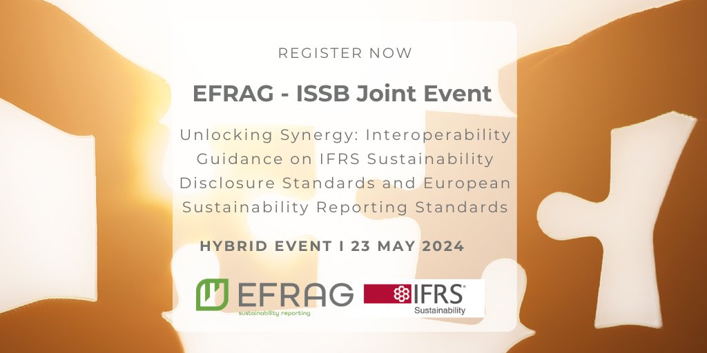 Join us for the EFRAG-ISSB Joint Event 'Unlocking Synergy: Interoperability Guidance on IFRS Sustainability Disclosure Standards and ESRS ' on 23 May 2024 from 14.00 to 16.00 CET, in Brussels or online. ▶️ lnkd.in/dCrGf9p3 @IFRSFoundation