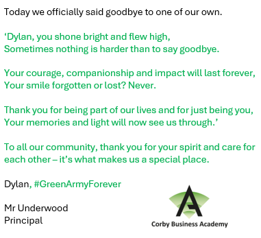 Thinking of Dylan's family, friends and community on this sad day today.

#BeTheDifference #GreenArmy #GreenArmyForever @BWTrust @cba_unit @unders73