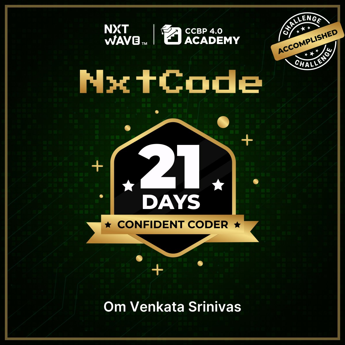 DogiparthiOm's tweet image. 🎉 worship My “Confident Coder” Badge!
👋 I'm thrilled to announce that I've earned the "Confident Coder" badge by successfully completing the nxtcode Challenge, a 21-day coding journey!
#ConfidentCoder #nxtcodeChallenge #Javascrip #CodingJourney #nxtwave #rahulattulurisir