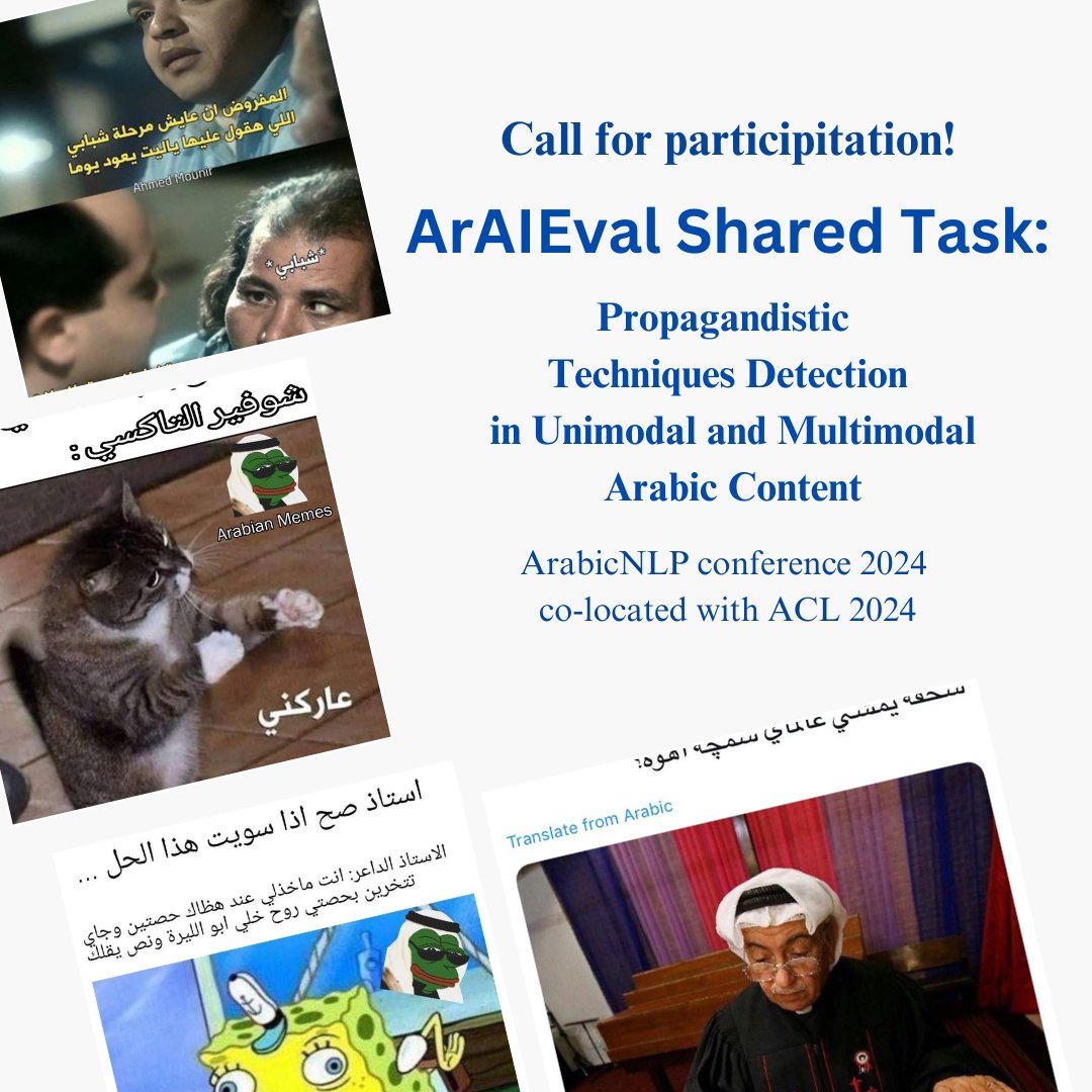 Firoj Alam (@firojalam04) on Twitter photo #NLProc, we have extended the submission deadline to 4th May, 2024 (AoE). You can consider submitting your system.
Submission System for the evaluation phase:
Task 1: codalab.lisn.upsaclay.fr/competitions/1…
Task 2: codalab.lisn.upsaclay.fr/competitions/1…
Please join on slack channel for your query: #NLProc, we have extended the submission deadline to 4th May, 2024 (AoE). You can consider submitting your system.
Submission System for the evaluation phase:
Task 1: codalab.lisn.upsaclay.fr/competitions/1…
Task 2: codalab.lisn.upsaclay.fr/competitions/1…
Please join on slack channel for your query: