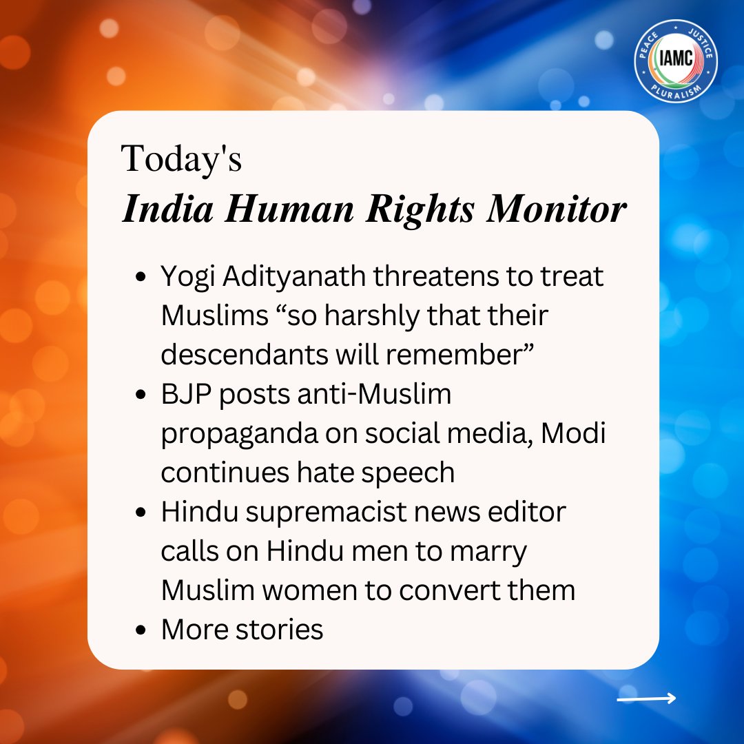 IAMC #indiahumanrightsmonitor

Read top 4 stories here: iamc.com/yogi-adityanat…

#Yogi #Muslim #hatecrime #HinduExtremist #HinduSupremacist #BajrangDal #RSS #VHP #BJP #hindunation #JaiSriRam #hindutva #hatespeech #haryana #Palwal #CowVigilantes