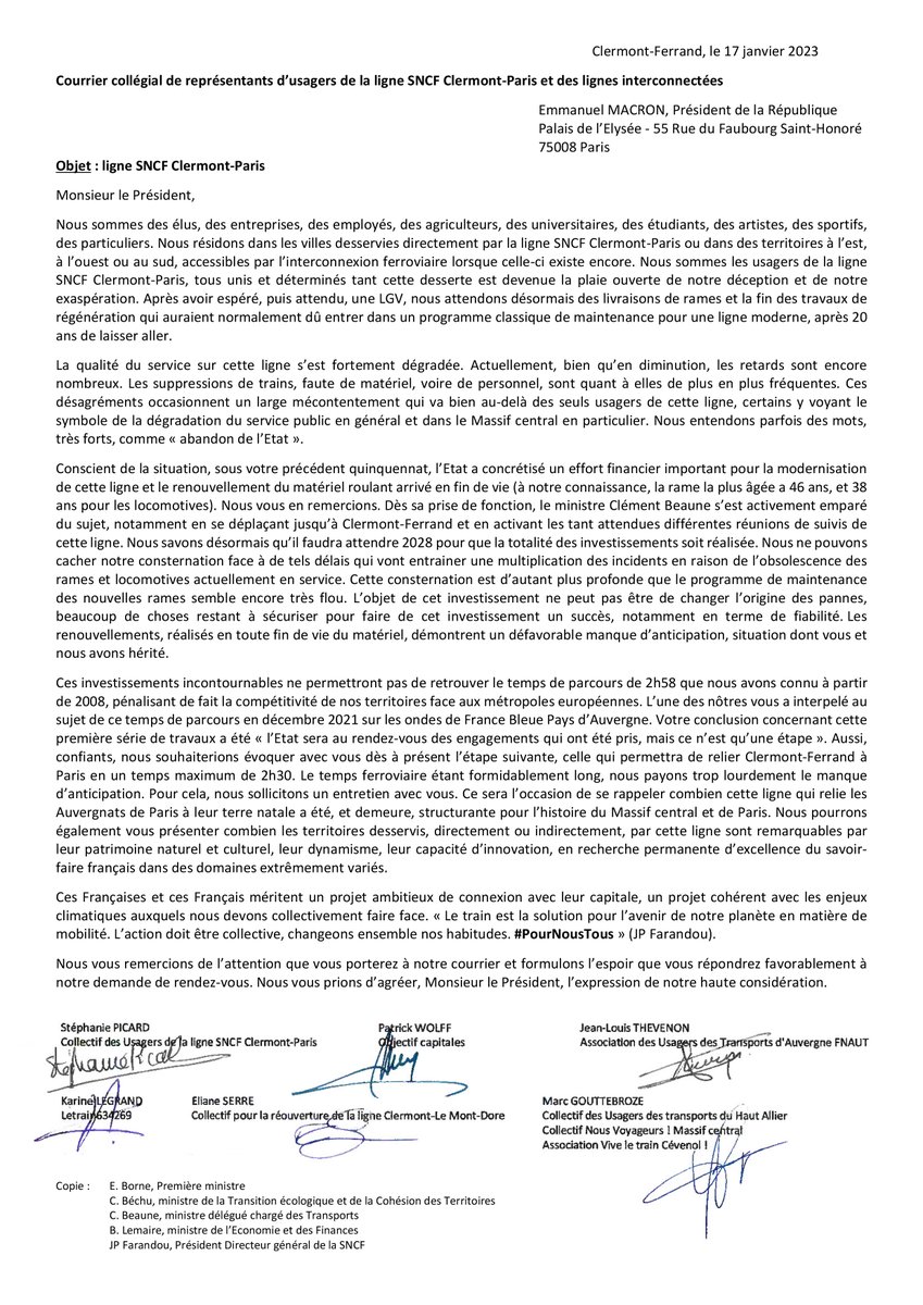 L’annonce du retard supplémentaire d’un an et demi pour la livraison des nouvelles rames 'OXYGÈNE' sur la ligne #SNCF Clermont-Paris a sonné comme une alarme : Le Collectif des Usagers du Train réitère donc aujourd'hui sa demande de rendez-vous avec le Président @EmmanuelMacron