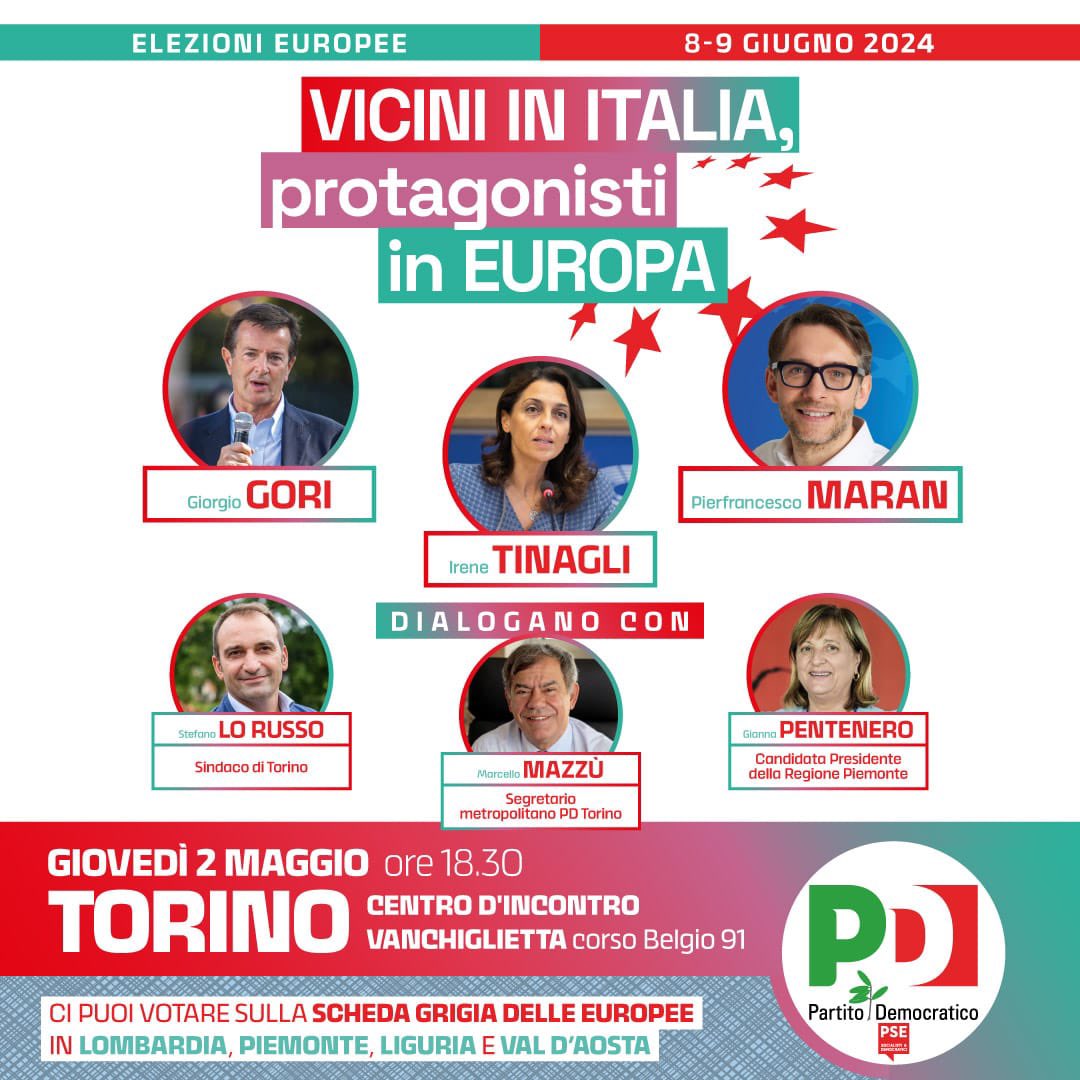 Stasera sarò insieme a @giorgio_gori e @itinagli a Torino per parlare di Europa con @lorusso_stefano, @MarcelloMazzu e @GiannaPentenero L’8 e 9 giugno #votaPDscriviMARAN