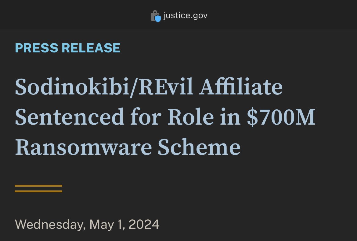 New cyber crime sentencing just dropped: 13 years, $16 million USD reminder: ransomware affiliate Yaroslav Vasinskyi – aka рабо́тник (rabotnik) – orchestrated the July 2021 Kaseya Virtual System Administration (VSA) intrusion campaign piggybacking off of managed service providers…