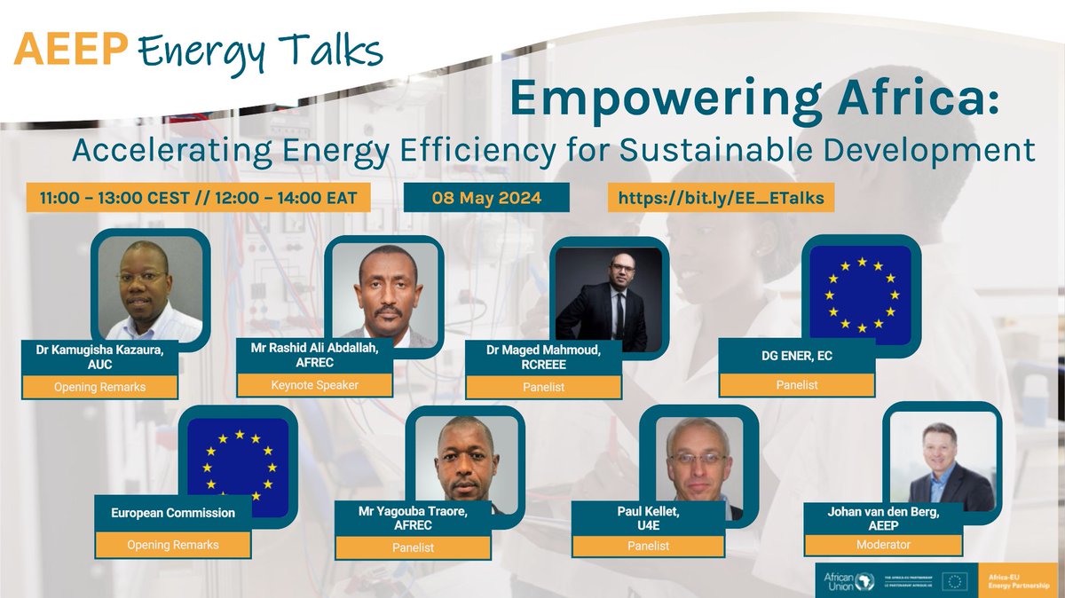 Join the 14th Africa-EU Energy Partnership Energy Talks, under the theme 'Empowering Africa: Accelerating Energy Efficiency for Sustainable Development” on 08 May 11:00 CEST | 12:00 Cairo time register here: africa-eu-energy-partnership.org/energyefficien… #RCREEE @AfricaEUEnergy