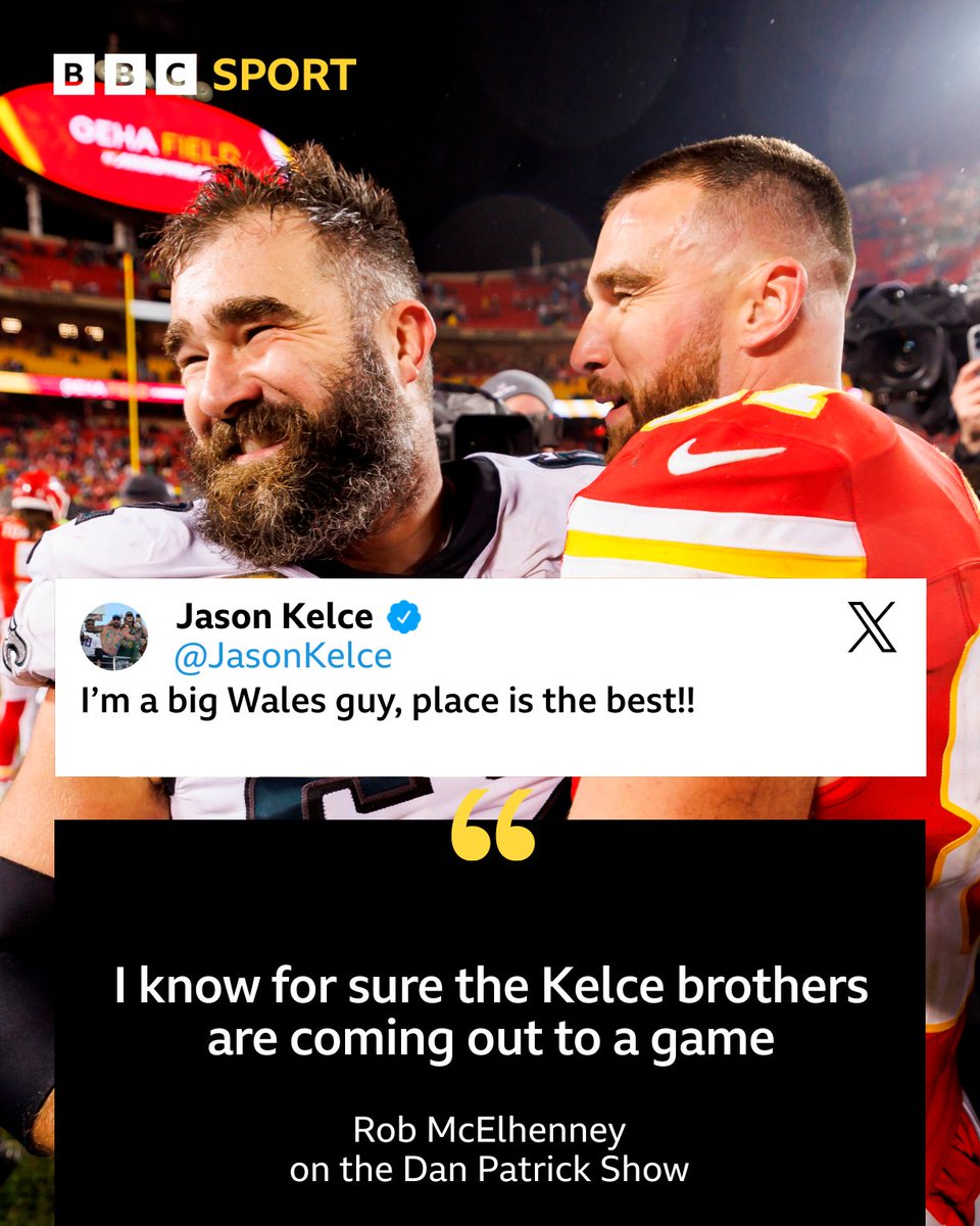 Will we be seeing @JasonKelce and @tkelce in Wrexham soon? 🤩 Hollywood owners @VancityReynolds and @RMcElhenney seem confident they will 👀 #BBCFootball