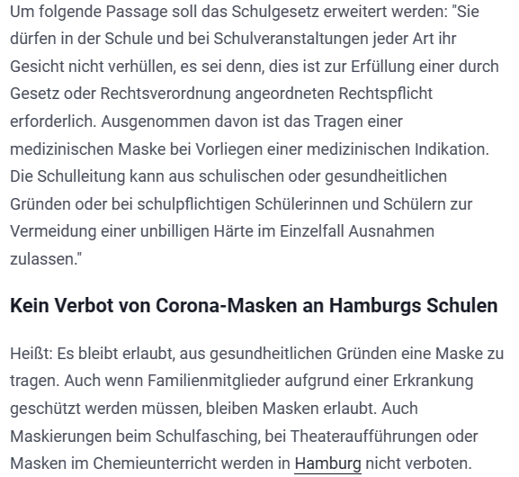 Wieder Humbug-Formulierung
#Hamburg #Maskenverbot
Ausgenommen nur(⁉️) 'medizinische' Masken bei Vorliegen einer med. Indikation. SL kann aus schulischen od. gesundheitlichen Gründen i.R. einer Einzelfallentscheidung Ausnahmen zulassen. @Anwalt_Jun
Quelle👀 t-online.de/region/hamburg…