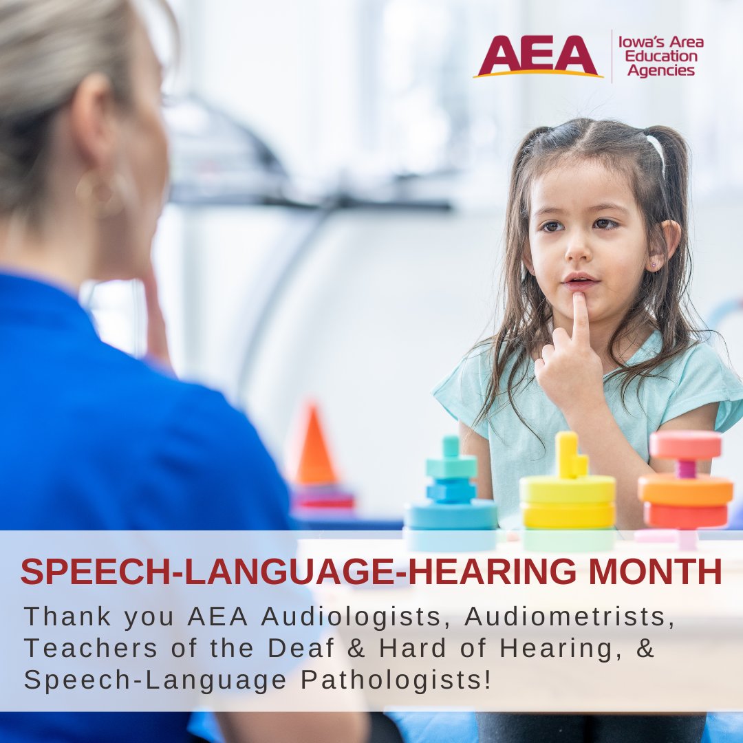 May is National Speech-Language-Hearing Month! Did you know that Iowa's AEAs have Hearing/Audiology & Speech Specialists who work with children birth to 21? Thank you, GPAEA Hearing/Audiology & Speech Teams! ow.ly/ckRi50RtATI #iaedchat