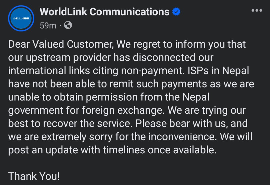 Notice from Worldlink Communications. 
#Nepal
#InternetDown