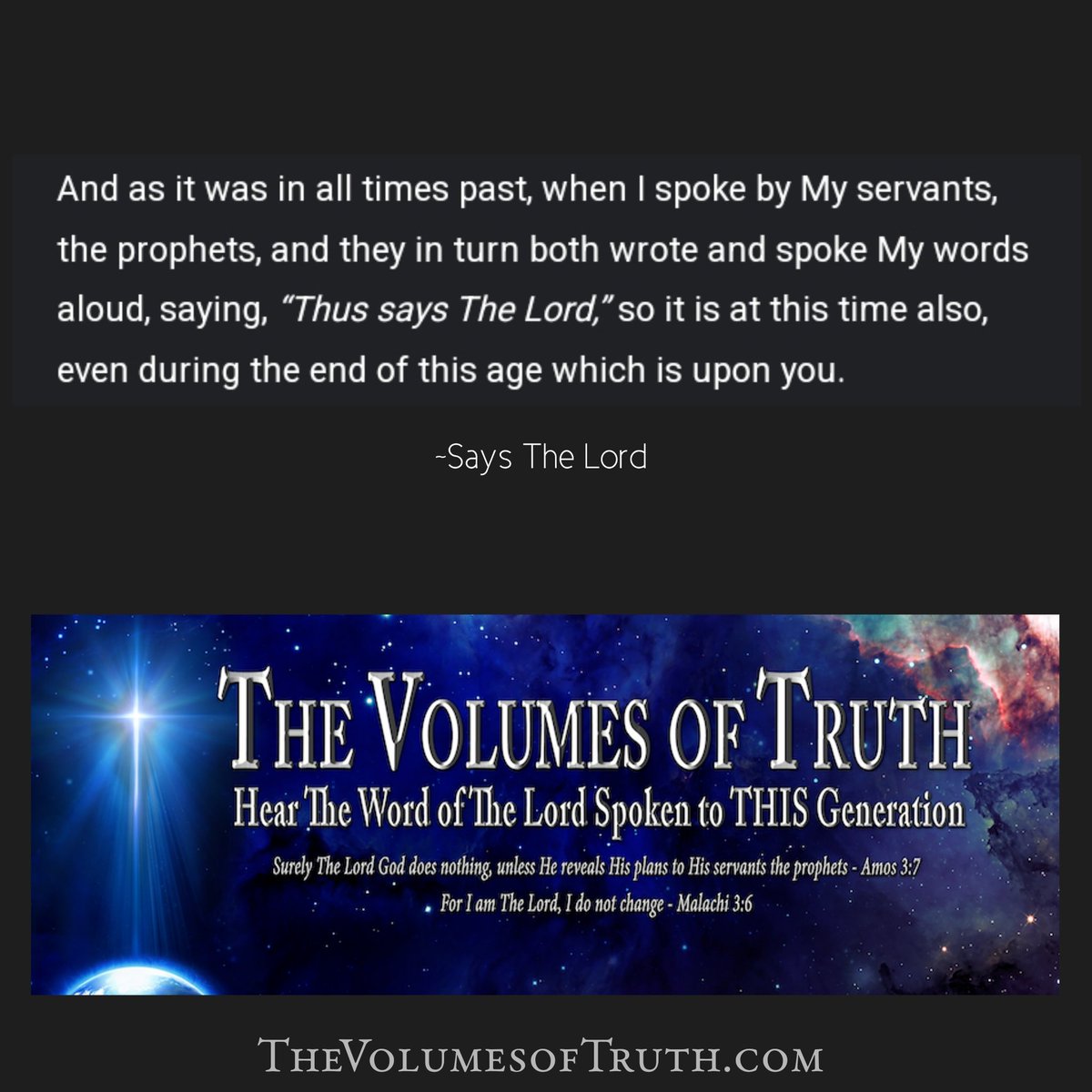 📖 Excerpt from 'The Word of My Mouth': thevolumesoftruth.com/The_Word_of_My…

▶️ Video: youtube.com/watch?v=1Eu7ud…

#TheVolumesofTruth #wordofgod #truth #newscriptures #ThussaysTheLord #Prophecy #Amos3verse7 #modernscripture #wordofTheLord #EndOfTheAge #endtimes #TrumpetCallofGod #LettersfromGod