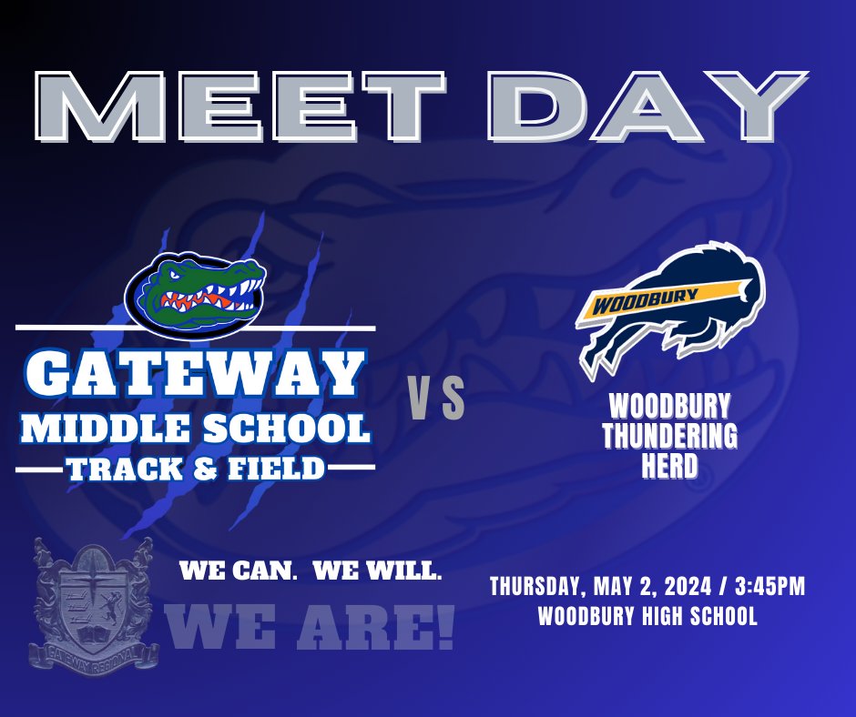 🔥It's Middle School Meet Day!🔥 The Middle School Track Team will visit their crosstown rival, Woodbury. Competition begins at Woodbury High School at 3:45! Good luck, Gators! #WeAreGateway #BuildtheFoundation