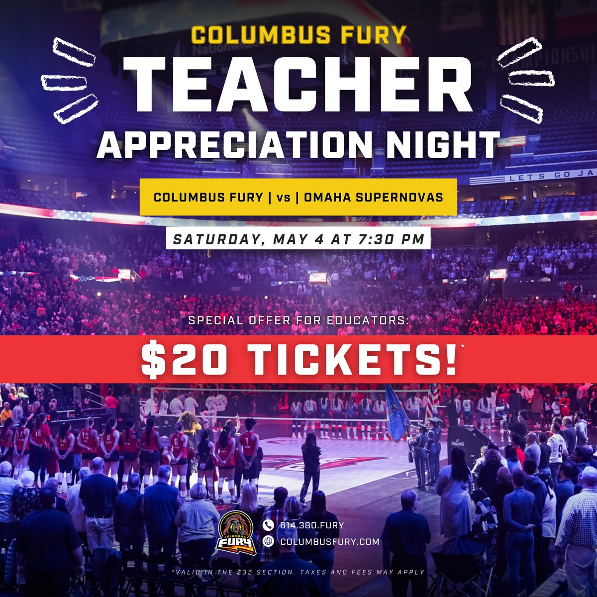 The Columbus Fury are kicking off Teacher Appreciation Week with a special offer for educators! Educators can purchase tickets for just $20 here*: am.ticketmaster.com/columbusfury/i… Come celebrate the Fury’s second-to-last home match of their inaugural season! *Taxes and fees may apply.