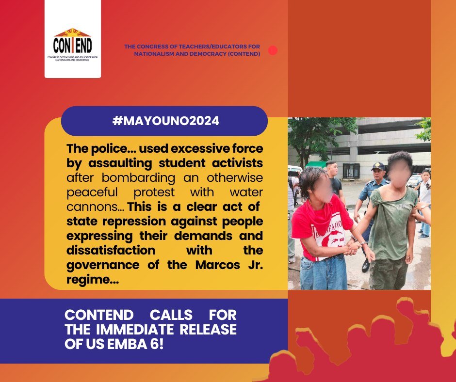 CONTEND CALLS FOR THE IMMEDIATE RELEASE OF US EMBA 6!

Read the full statement: facebook.com/photo/?fbid=84…

#ReleaseUSEmba6!
#MayoUno2024
#DefendAcademicFreedom!