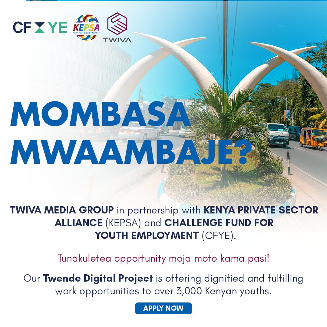 Watu wa Mombasa, Looking to make a meaningful impact on Kenya's job market?

 Join us in backing the Twende Digital Project and empower the next generation of entrepreneurs 

Register via docs.google.com/forms/d/1mBgT0…
#EarnWithTwiva
Social Commerce