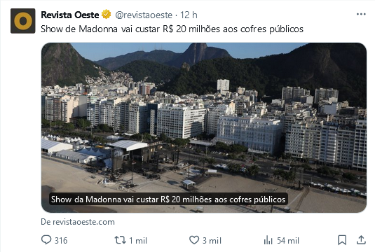 ANOMALIAS DO BRASIL!
Por quais razões R$ 20 milhões do dinheiro público está sendo gasto com o show da Madona?

Em uma cidade com tantas necessidades de investimento.
Nas UPAs do Rio, se vê um verdadeiro caos.
As escolas estão precárias, falta uniformes para as crianças da…