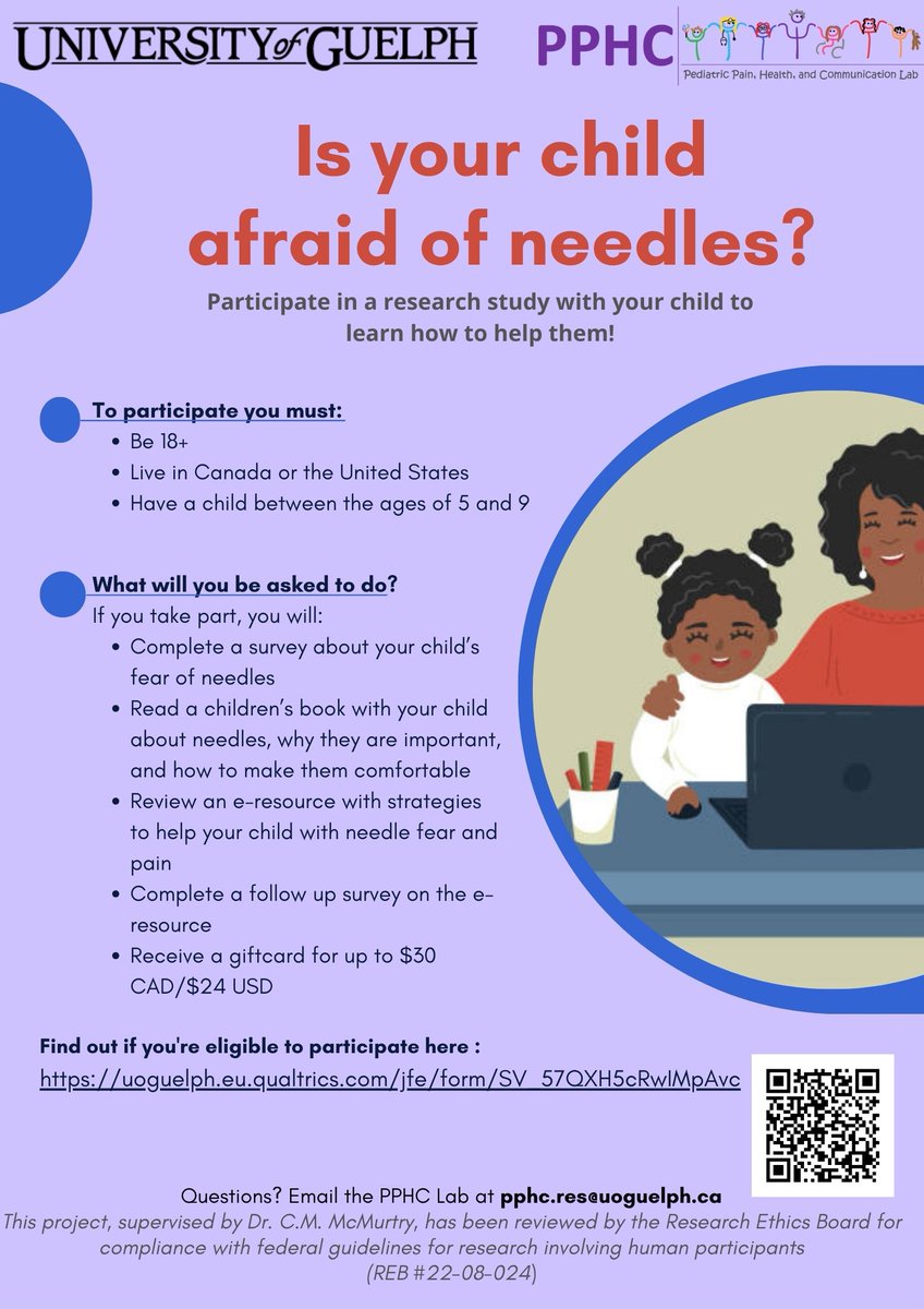 Is your child afraid of needles? Click below ⬇️to see if you are eligible to participate in a research study to provide feedback on an e-resource related to #NeedleFear! uoguelph.eu.qualtrics.com/jfe/form/SV_57…