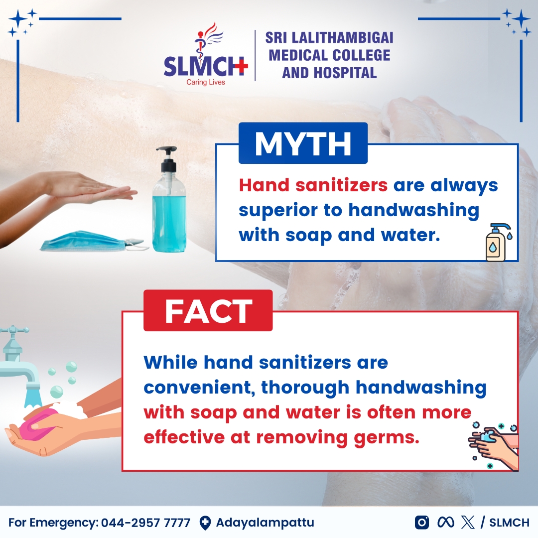 Myth & Fact about Hand Hygiene.

#SLMCH #Srilalithambigai #savinglives #DRMGR #MGRERI #worldhandhygieneday #myth #fact #handhygiene #germsspreading #infection #washinghands