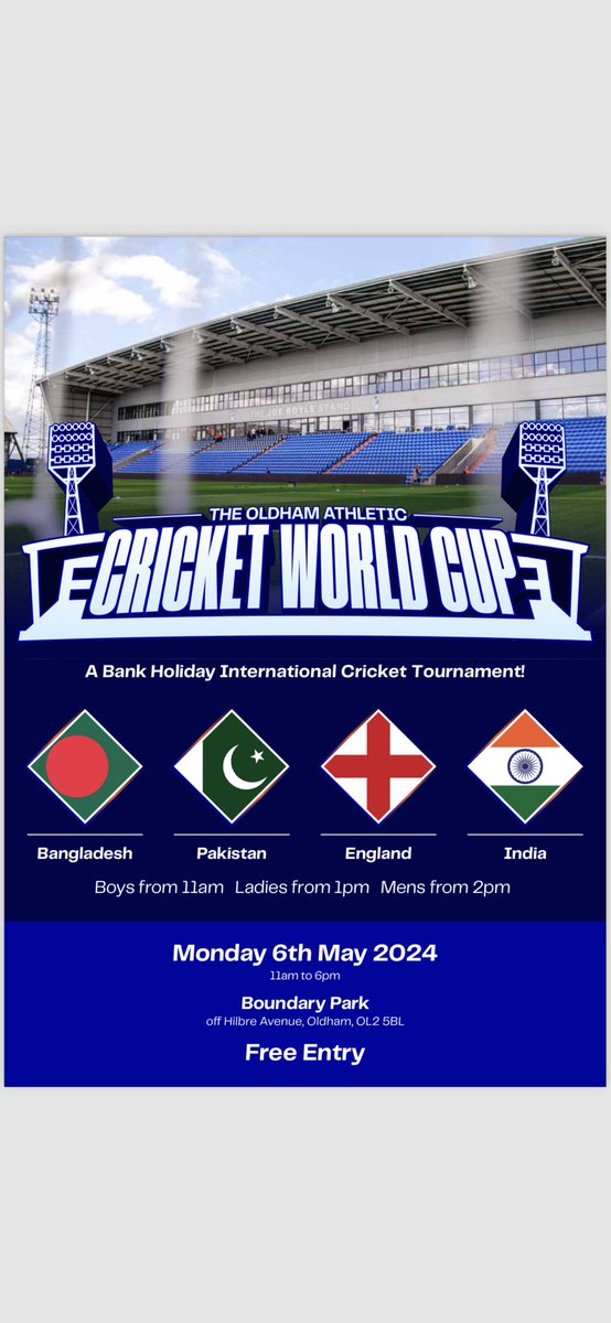 This is awesome @fatimawomens & @_dreambigsports tell the Women to come to @OfficialOAFC on Monday for a free #internationalCricket event in #LoveOldham including women’s teams 👏👏👏#OldhamHour