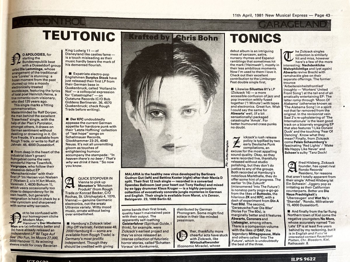 German (mostly) music releases, including Malaria!, D.A.F., Palais Schaumburg, and more.
Chris Bohn in New Musical Express, 11 April 1981.
<a href="/bibakopf/">Biba Kopf</a>