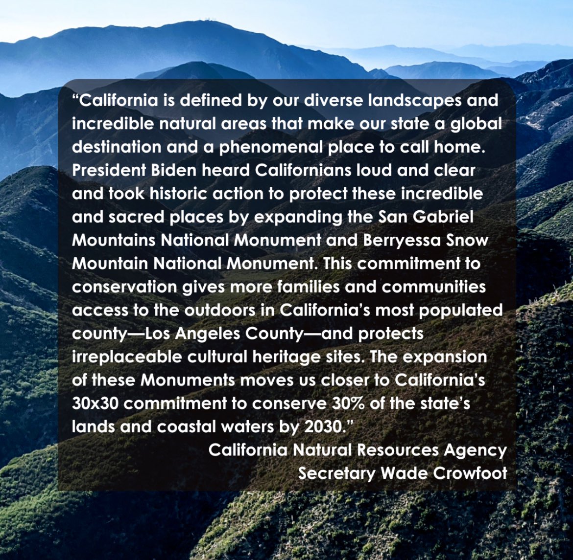 📢BIG CONSERVATION NEWS ALERT @POTUS expanded Berryessa Snow Mtn & San Gabriel Mtns Ntl Monuments today! 🏔️ A huge thx to @POTUS, @SenAlexPadilla, @Senlaphonza, @RepGaramendi, @RepThompson, @CAgovernor, @30x30CA & many others for your leadership! MORE ➡️content.govdelivery.com/accounts/CNRA/…