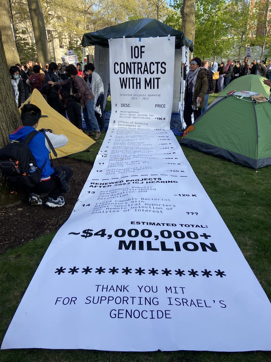 MIT protesters expanded the encampment Wednesday evening, claiming the university was limiting journalists’ access, “so we’re bringing the encampment to them.” Activists unfurled a giant receipt listing MIT contracts with the Israeli Ministry of Defense.