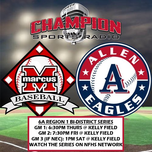 The @uiltexas Baseball playoffs start tonight as @thepackbaseball plays @allen_baseball. If you can’t be there, watch with us on @NFHSNetwork! ⚾️ 6A Bi-District series ⏰ Game 1: 6:30pm 📍 The Ballpark at Kelly Field 🎙 @Kips_Big_Boy & @EvanBull5 📺 nfhsnetwork.com/events/uil/gam…