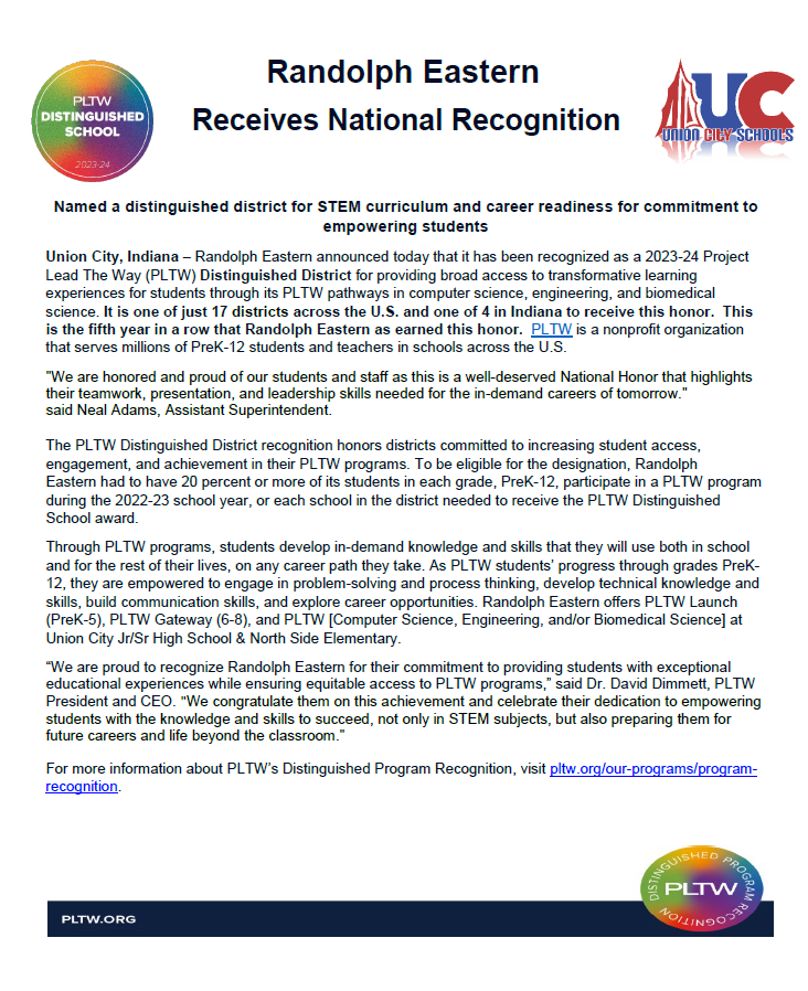 nbadamstg2m's tweet photo. We are excited to share that @RandolphEastern has been named a @PLTWorg  2023-2024 Distinguished School for their efforts to provide broad access to transformative learning experiences for students through PLTW programs. #PLTW #STEM #STEMeducation https://t.co/pqUXI88pr7
