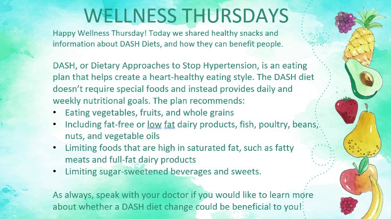 Happy Wellness Thursday! Today we shared healthy snacks and discussed the DASH Diet! DASH stands for Dietary Approaches to Stop Hypertension. DASH diets are designed to be heart healthy.
@CarolBTome @DJEJZ @RayBarczak @RobertCapone17 @tomperez225 @Johnasaulino1 @UPSers