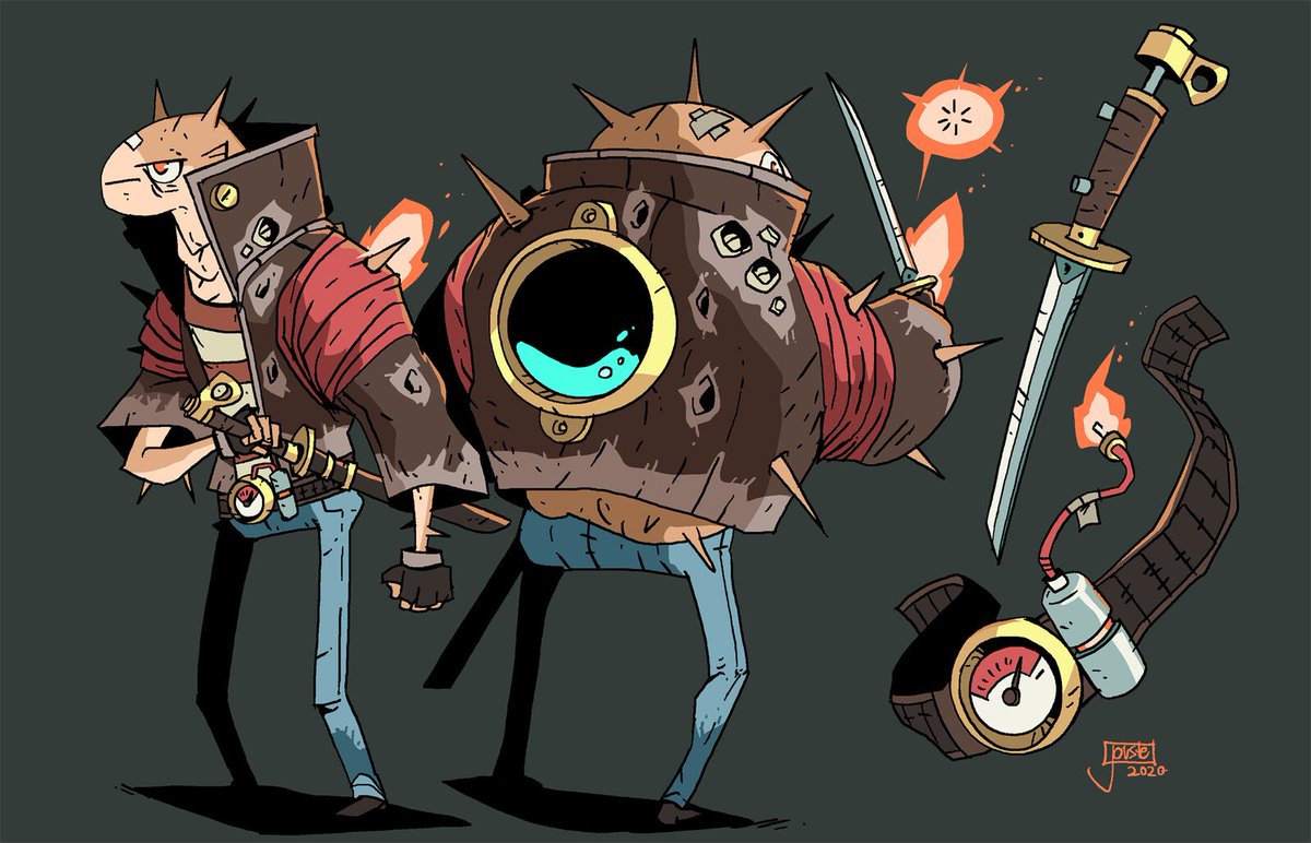 #ThrowbackThursday with my 94th #characterdesign: Blowout of the Portholes!
A spiny member of the Portholes gang with a pressurized belt and pump-action wakizashi! Blowout can inflate, deflate, and pop in an instant with his customized gear and stretchable jacket!
