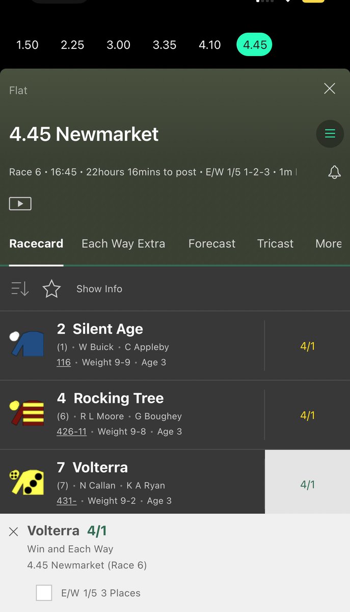 3 POINT 4/1 NAP 

4:45 Newmarket Volterra 

Progressive horse making handicap debut of an interesting mark. The move up in trip looks a good one after staying on well last time out. Long break since run hopefully the work has been done and this can go well. 

💰🐎