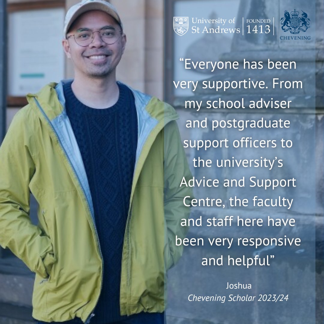 Thinking about studying in the UK? Rest assured you'll receive the support you need to succeed 🚀

For #Chevening Scholar Joshua, the postgraduate support officers at @univofstandrews have enriched his experience… ‘Everyone has been very supportive’ 💙

chevening.org/partners/unive…