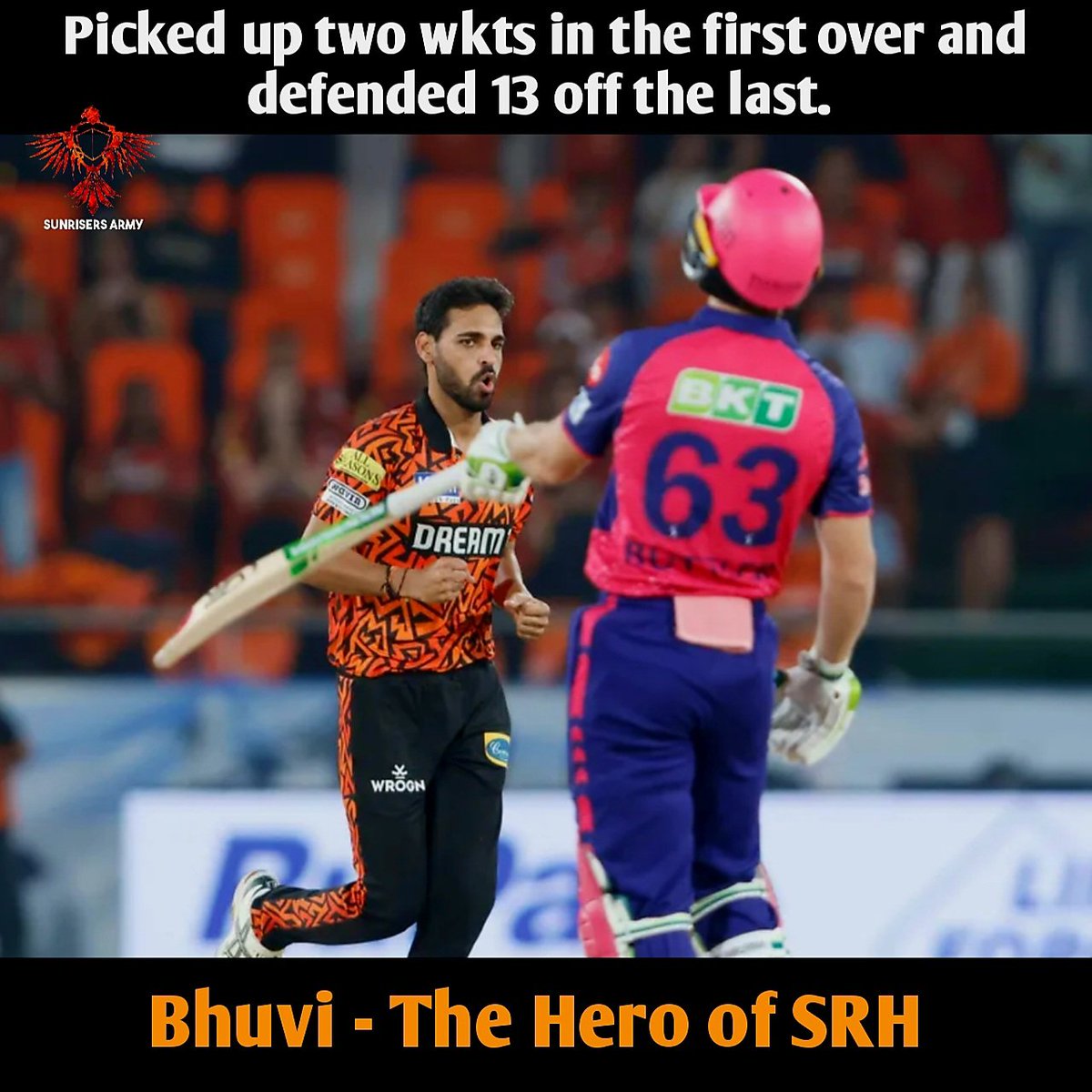 Bow down to the king of Uppal 🧡🙏

Man of the Match - Bhuvi Kumar 

He has always been there for us. Thank you isn't just enough. 

#OrangeArmy #SRHvsRR