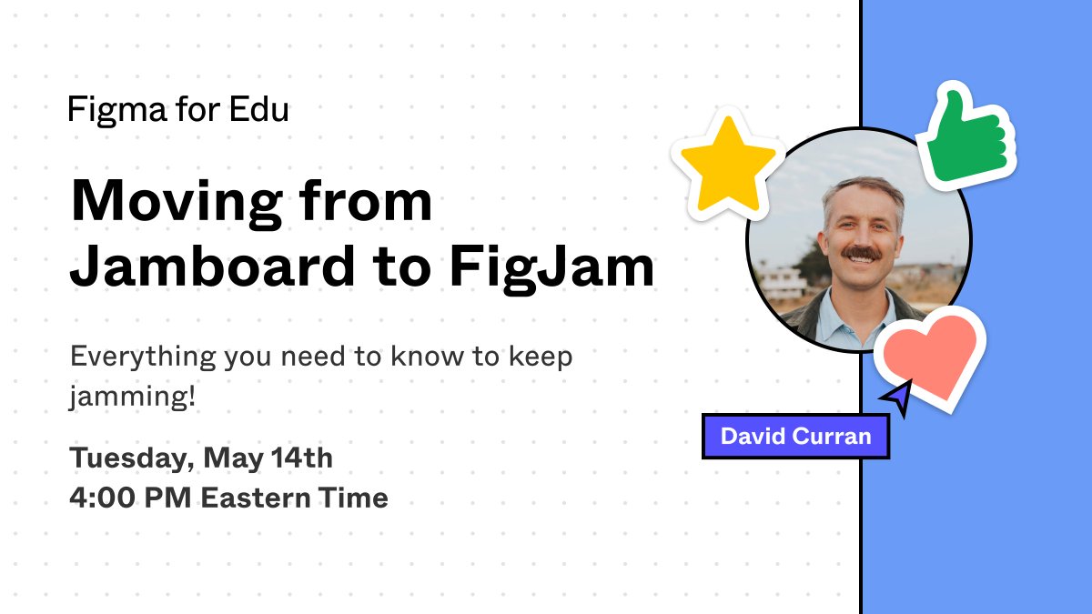 Join us on Tuesday, May 14th for a brand new 'Moving from Jamboard to FigJam' session!

In one hour, we'll cover:
⭐️How to use the importer tool to convert your Jams to FigJams.
⭐️A feature-to-feature comparison to make sure you know where to find all the whiteboard tools you
