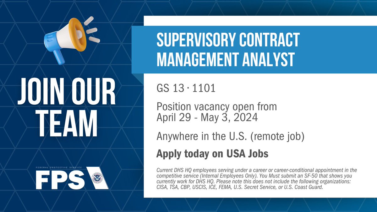 Are you a current @DHSgov HQ employee looking for a new role within the agency? @FPSDHS is hiring a #remote Supervisory Contracts Management Analyst (COR) (GS-1101-13). Learn more on @USAJobs at usajobs.gov/job/788391900 #FPSDHS #ThisIsFPSDHS #FPSDHSCareers