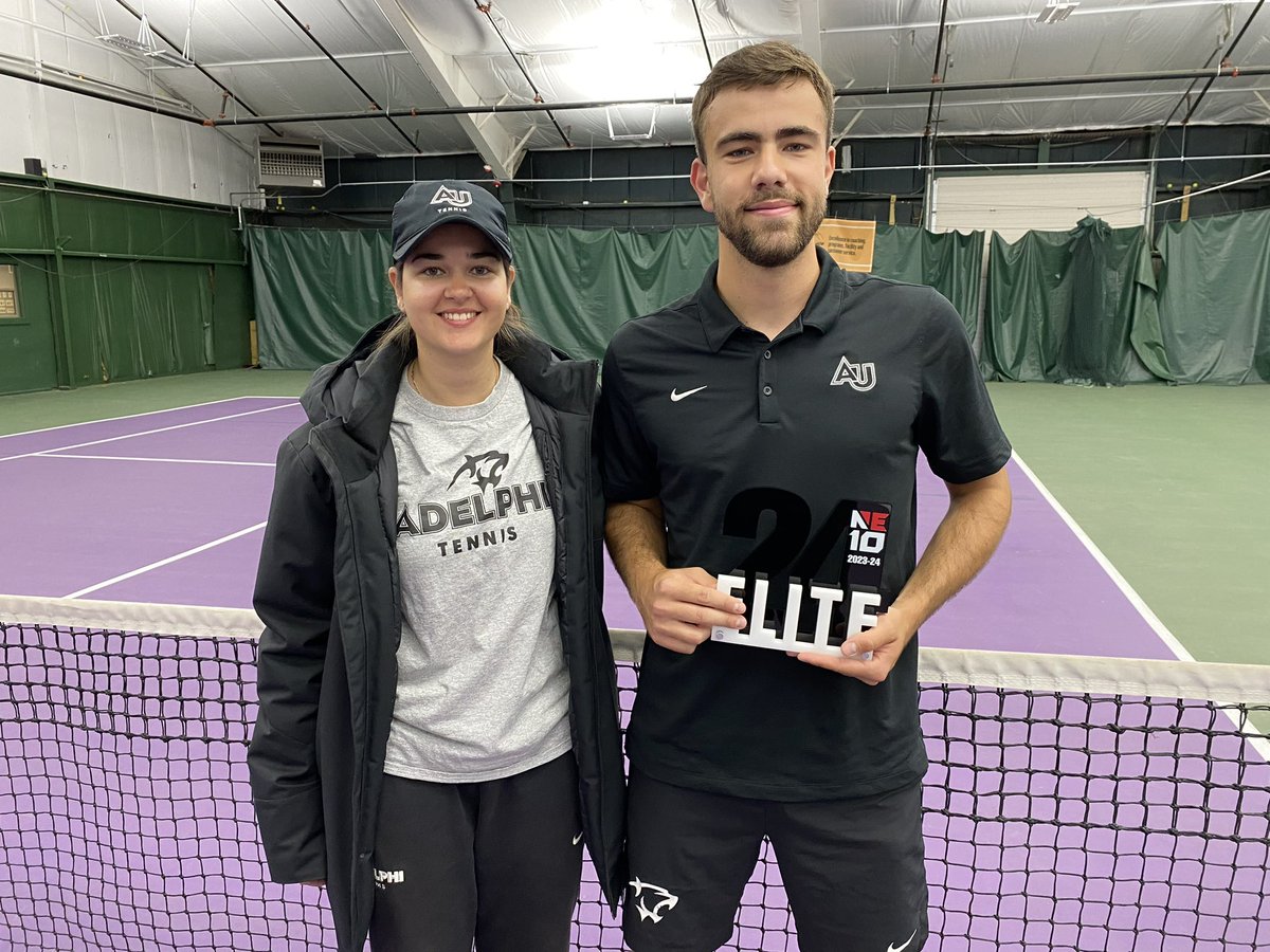 The Elite 2️⃣4️⃣ Award belongs to @AdelphiTennis again in the spring… With his 3.989 GPA in Accounting, the title belongs to…you guessed it…Marko Jovanovic! The ‘Cats will play in tomorrow’s NE10 Championship final at 12 noon! 🕛 RECAP 📎: shorturl.at/bqIOR #PawsUp🐾