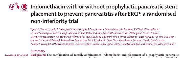 ✅The Stent vs. Indomethacin #SVI trial results were published @TheLancet in February ✅Honored to be part of the multi-center team from Day1 ✅Congrats to @JElmunzer, Valerie Durkalski & @NIDDKgov for >10 yrs perseverance! ✅Indomethacin+PD stent is superior in high risk pts!