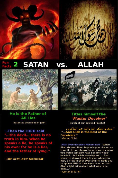 satan=allah Muslims are deceived into worshipping satan turn to the Bible and Jesus Christ before it's to late!!!