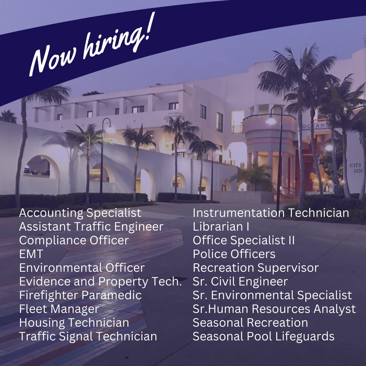 Work with us in #Oceanside!  Plenty of great opportunities await in a variety of areas to help serve our beautiful city: bit.ly/Oceanside-Open…

#Workwithus #publicservice #LocalGovernment