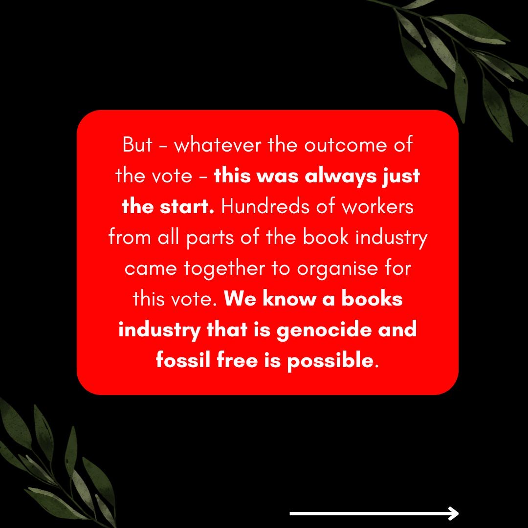 We are of course disappointed that our trade union still refuses to: -condemn the genocide in Gaza, -support a permanent ceasefire, -or express solidarity with Palestinian bookworkers here in the UK who face job loss and censorship for speaking out. 2/7 🧵