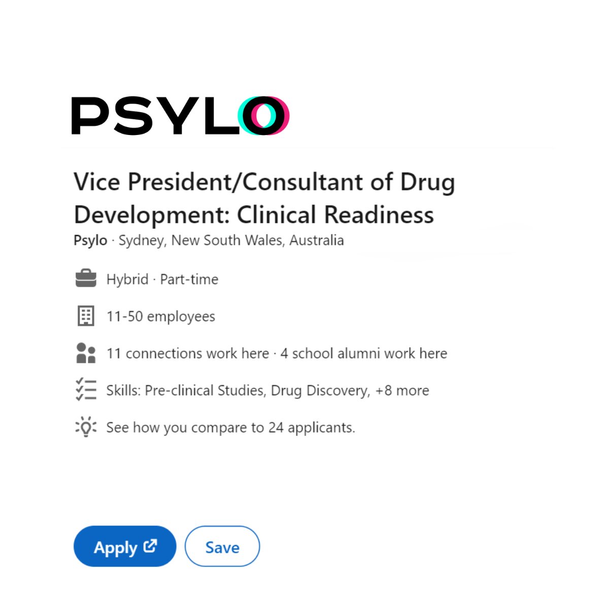 📣 We are seeking a VP/Consultant of Drug Development: Clinical Readiness with CNS/neuro experience. This part-time/consulting role is open to candidates in the US or AU. 🧠🥼 Help create next-generation therapeutics. Join Team Psylo! #Jobs #Hiring linkedin.com/jobs/view/3906…