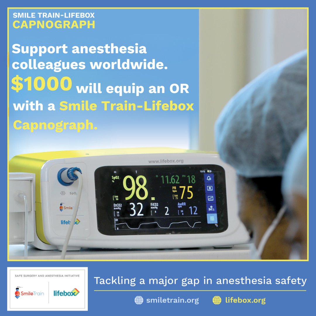 Capnography ensures a patient is receiving adequate oxygen during anesthesia. It remains virtually absent in low-resource setting operating rooms. It costs $1,000 to send a Smile Train-Lifebox Capnograph to an anesthesia provider in need. Donate: bit.ly/3Nu6Ts2