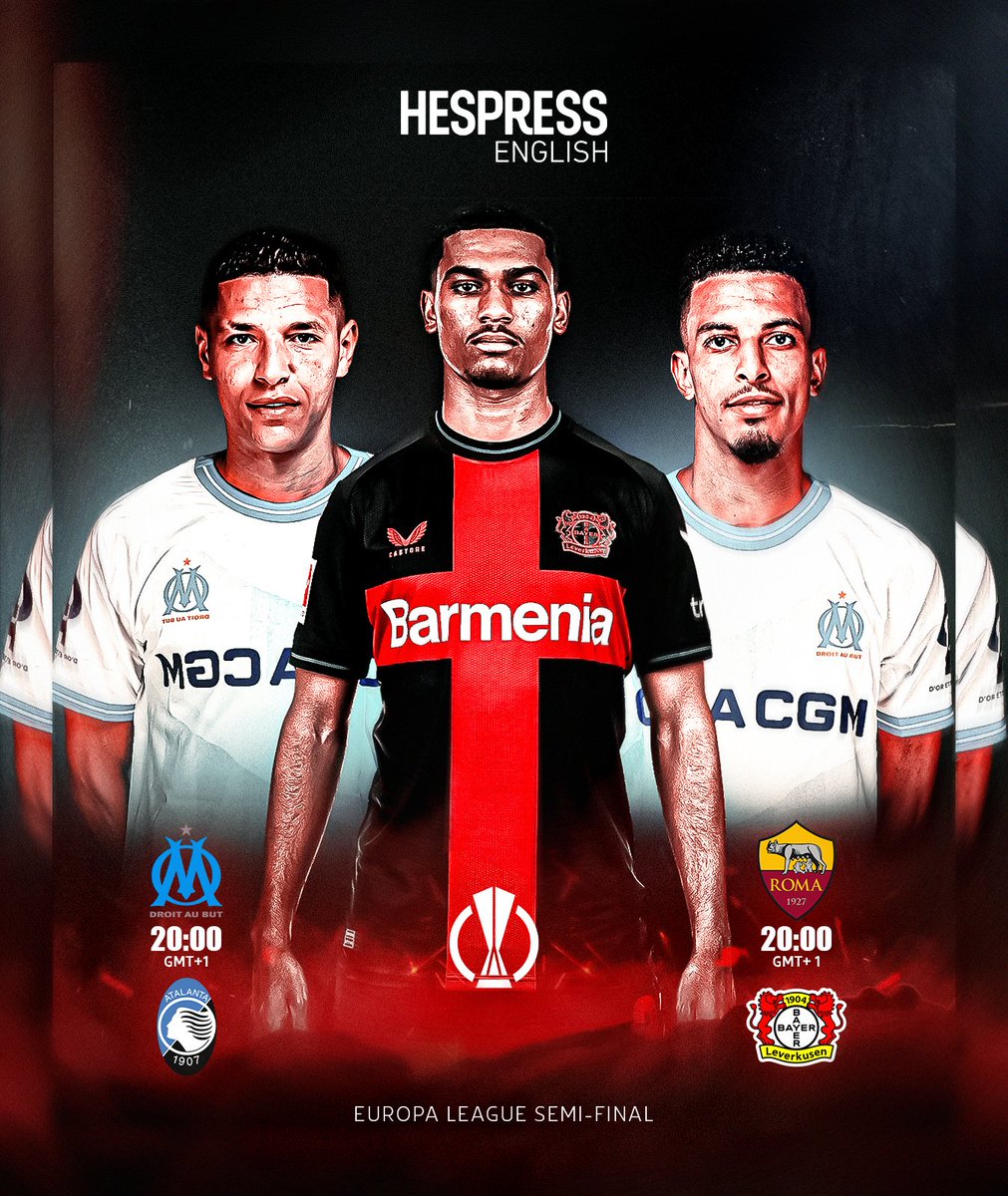 #AtlasLions Amine Harit, Azzedine Ounahi, and Amine Adli are set to compete in the first leg of the #EuropaLeague semifinals, with Marseille facing Atalanta and Bayer Leverkusen going head-to-head with Roma.