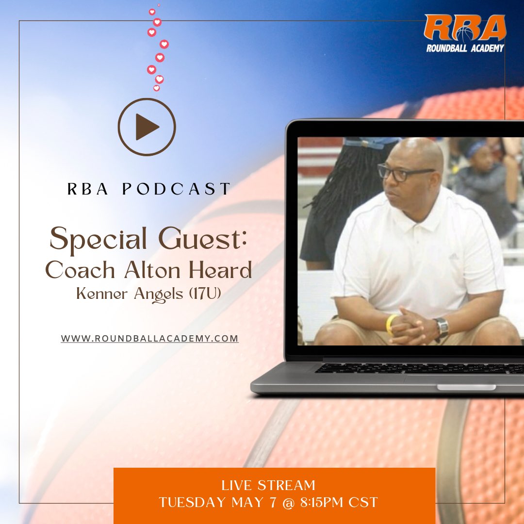 Join me on 'The RBA Podcast.’ A special episode featuring Coach Alton Heard, coach of Kenner Angels 2025.   📆 Tues. May 7, 2024 ⏰ 8:15pm CST Streaming Live: 🔊 X: @RBA_events 🔊 YouTube: youtube.com/@TerryDrakeBBa…   #RBAPodcast #RBANoticeables #RoundballAcademy #RBA #TerryTalks