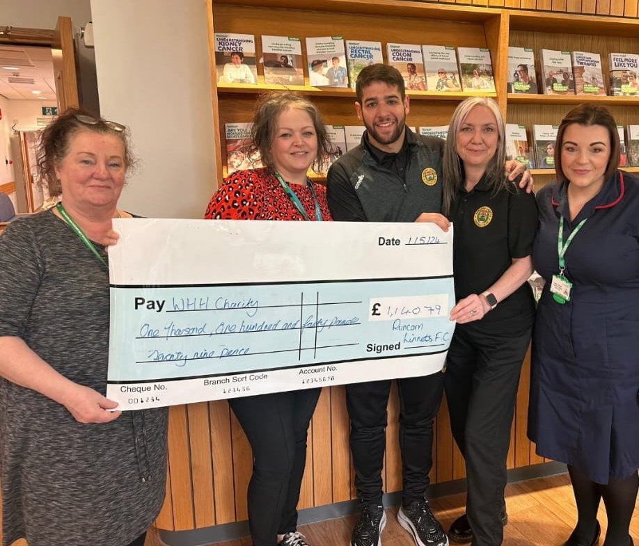 💛💚 | We have presented the cheque from our recent fundraiser to the @CancerWhh. Accepting the cheque was Kate Bailey, MacMillan information, and support manager. The cheque was presented by Eden Gumbs, Katie Cartledge, and Tracey Daley. A huge thank you to both our Linnets…