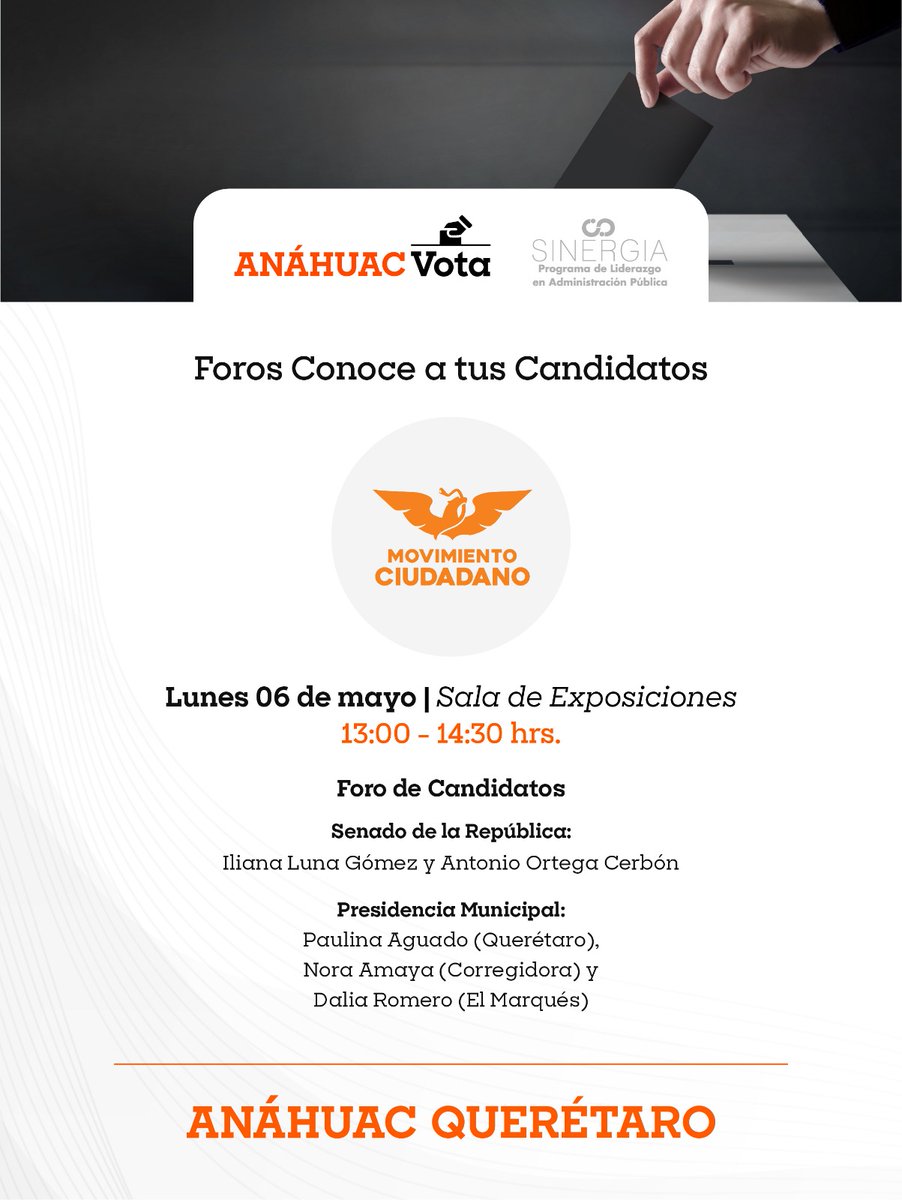 Tercer Foro 'Conoce a tus Candidatos🇲🇽' Te invitamos a conocer a los candidatos a ser tus próximos representantes por Querétaro. Fecha: Lunes 6 de mayo 2024 Lugar: Sala de Exposiciones Hora: 13:00 a 14:30 hrs Regístrate: registro-eventos.anahuacqro.mx/alumno/secc_ev…